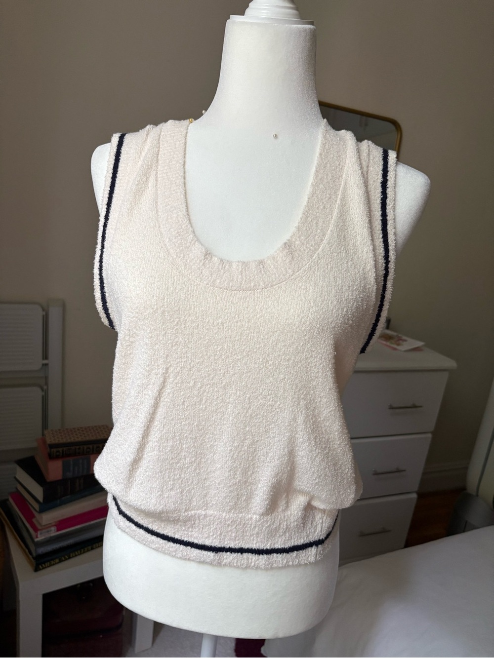Madewell Sleeveless Cream Knit Tank with Navy Trim